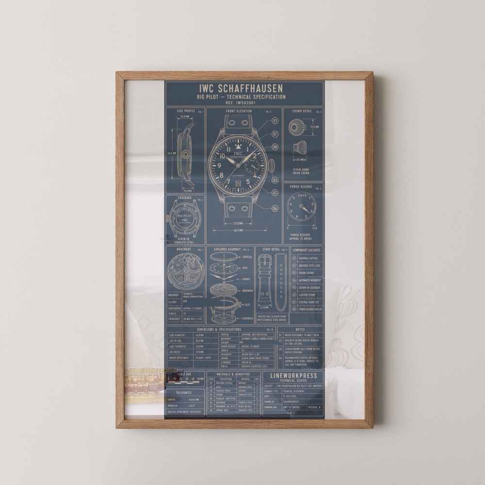 IWC Big Pilot watch technical blueprint print, framed