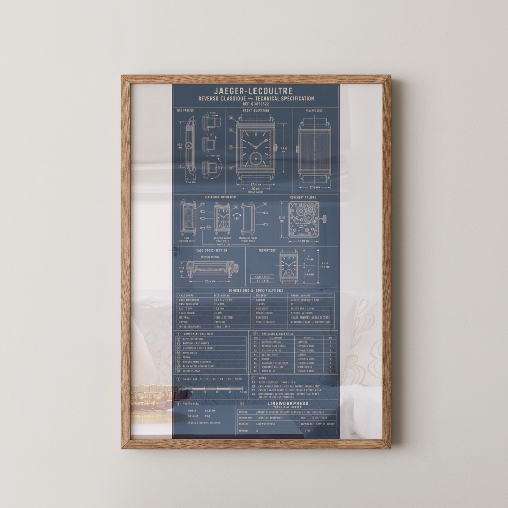 Jaeger-LeCoultre Reverso watch technical blueprint print, framed
