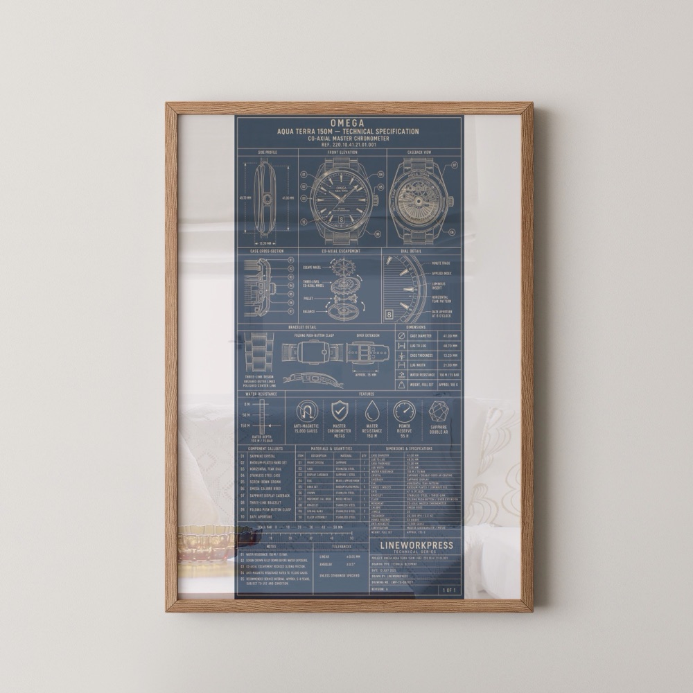 Omega Aqua Terra technical blueprint print, framed in oak