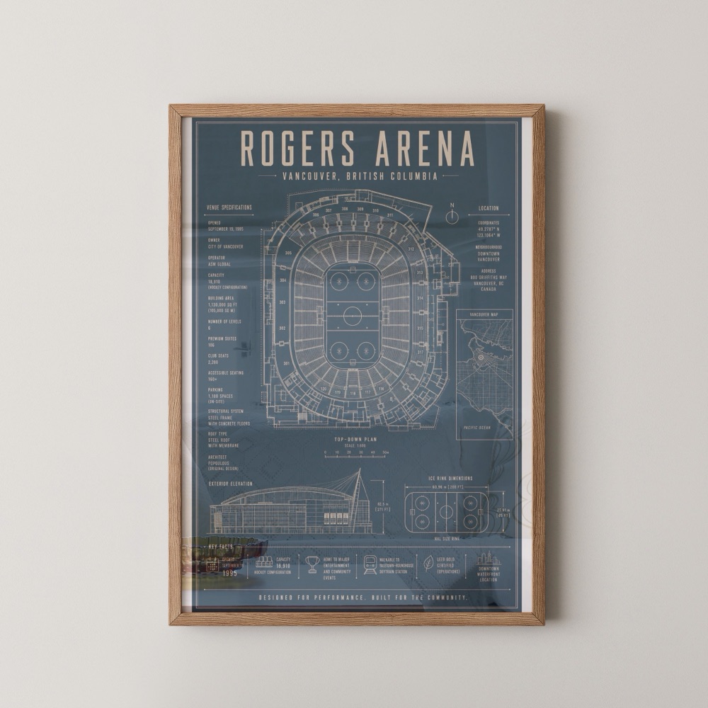 Rogers Arena stadium technical blueprint print, framed