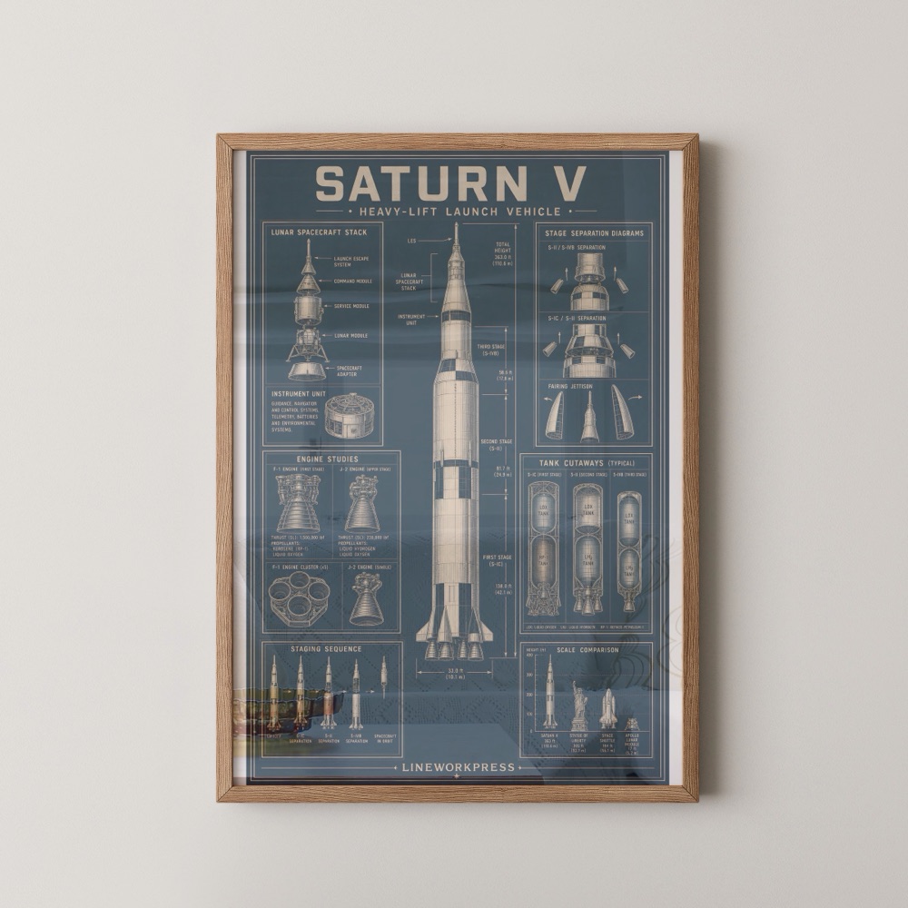 Saturn V rocket celestial technical blueprint print, framed