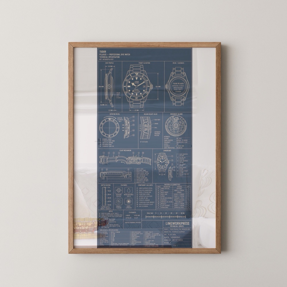 Tudor Pelagos watch technical blueprint print, framed